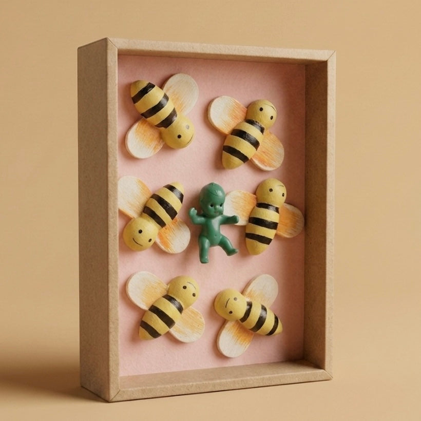 Gabinete Ensamble Nº4 objeto de ilustración volumétrica en papel Guagua Hulk y Abejas por Proyecto Ensamble