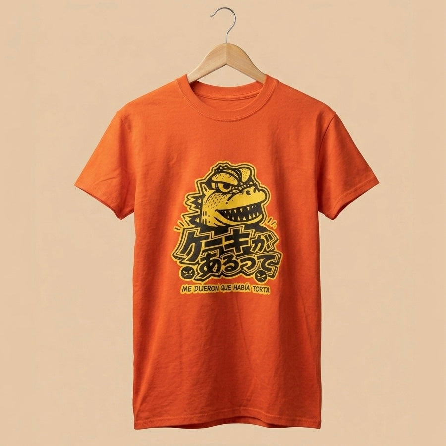 Polera naranja ilustración Godzilla Gojira Me dijeron que había Torta Edición Gráfica por Proyecto Ensamble