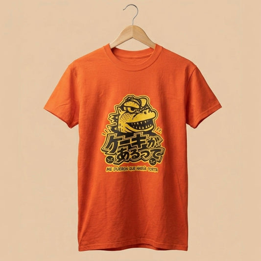 Polera naranja ilustración Godzilla Gojira Me dijeron que había Torta Edición Gráfica por Proyecto Ensamble