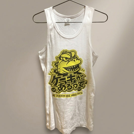 Polera sin mangas tank top blanca ilustración Godzilla Gojira Me dijeron que había Torta Edición Gráfica por Proyecto Ensamble