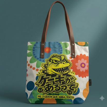Bolsa de tela tote bag blanca ilustración Godzilla Gojira Me dijeron que había torta Edición Limitada por Proyecto Ensamble
