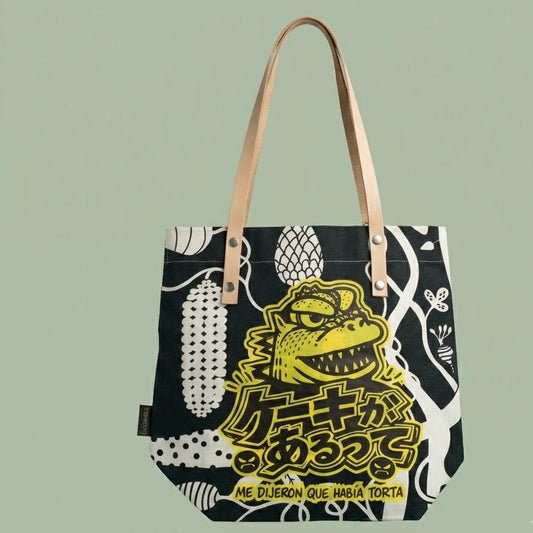 Bolsa de tela tote bag negra ilustración Godzilla Gojira Me dijeron que había torta Edición Limitada por Proyecto Ensamble