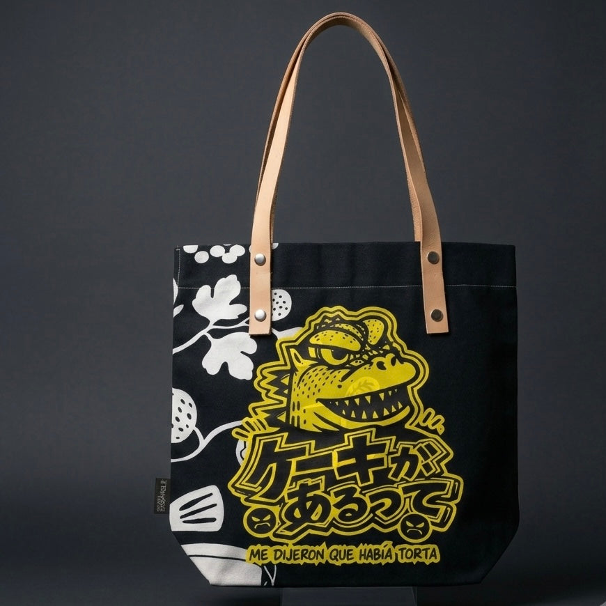 Bolsa de tela tote bag negra ilustración Godzilla Gojira Me dijeron que había torta Edición Limitada por Proyecto Ensamble